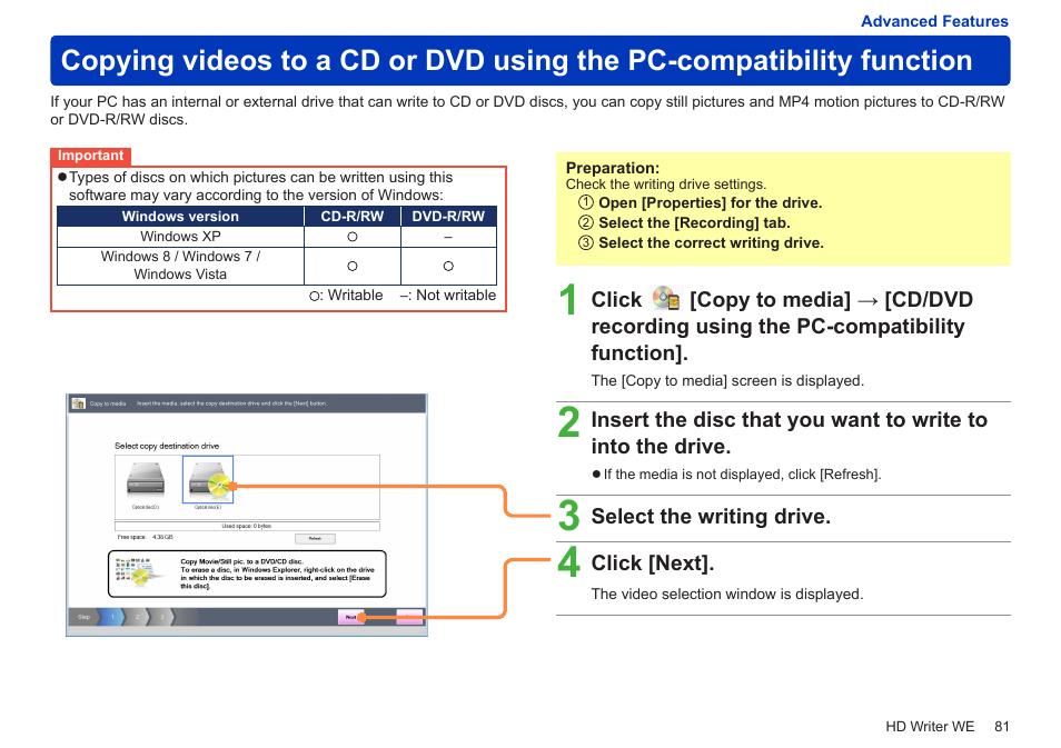 Copying videos to a cd or dvd using the, Pc-compatibility function | Panasonic HX-A100D User Manual | Page 81 / 128