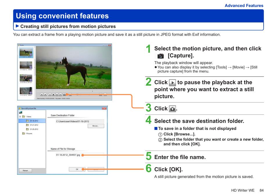 Using convenient features, Creating still pictures from motion pictures, Creating still pictures from motion | Pictures | Panasonic HX-A100D User Manual | Page 84 / 128