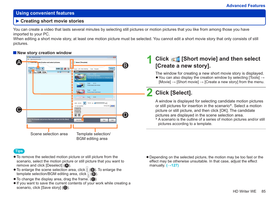 Creating short movie stories, Ac b d, Click [select | Panasonic HX-A100D User Manual | Page 85 / 128