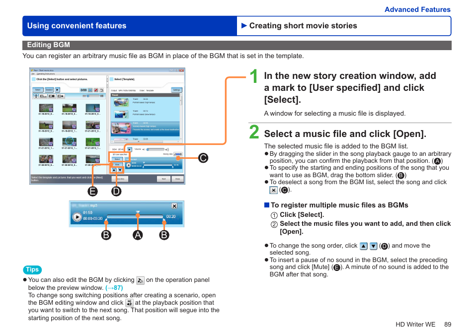 Editing bgm, Select a music file and click [open | Panasonic HX-A100D User Manual | Page 89 / 128