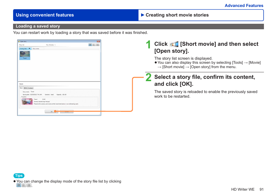 Loading a saved story | Panasonic HX-A100D User Manual | Page 91 / 128