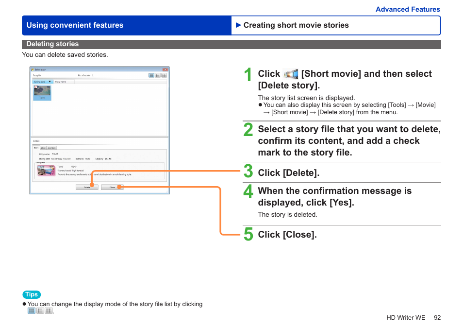 Deleting stories | Panasonic HX-A100D User Manual | Page 92 / 128