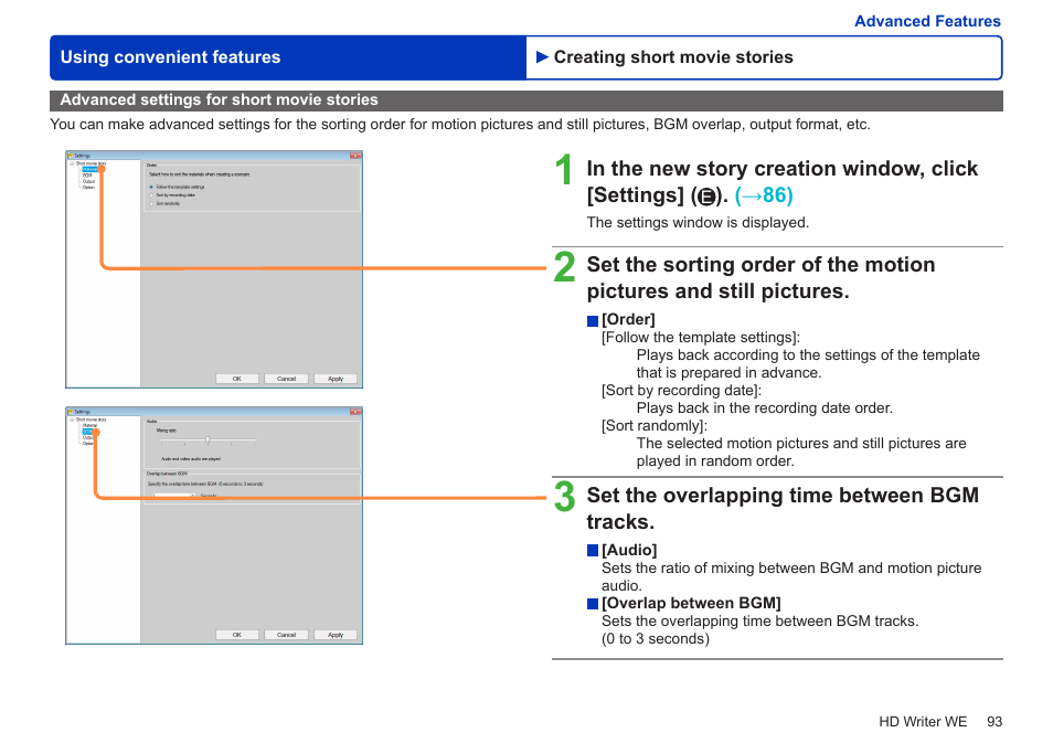 Advanced settings for short movie stories | Panasonic HX-A100D User Manual | Page 93 / 128