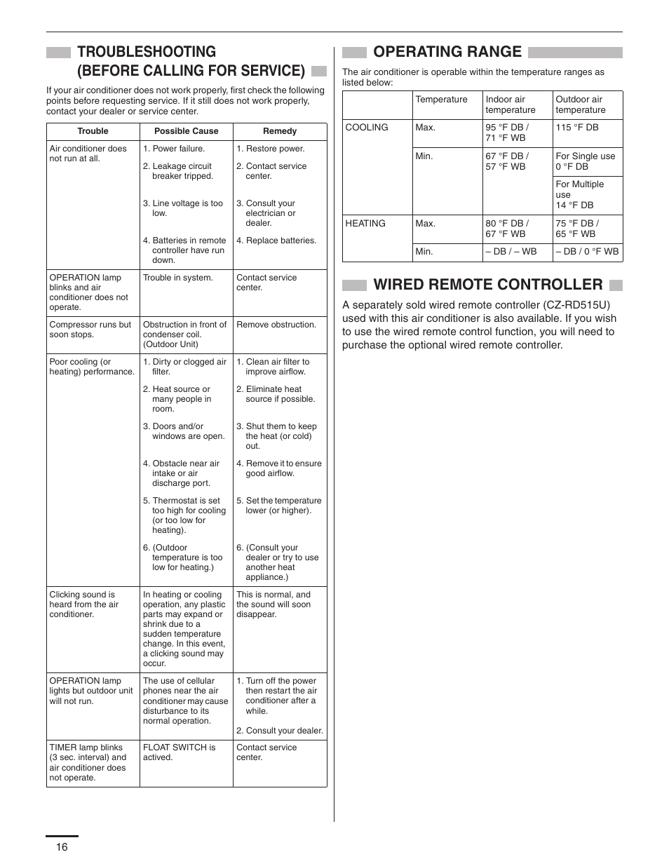 Troubleshooting (before calling for service), Operating range, Wired remote controller | Panasonic KE12NB41 User Manual | Page 17 / 20