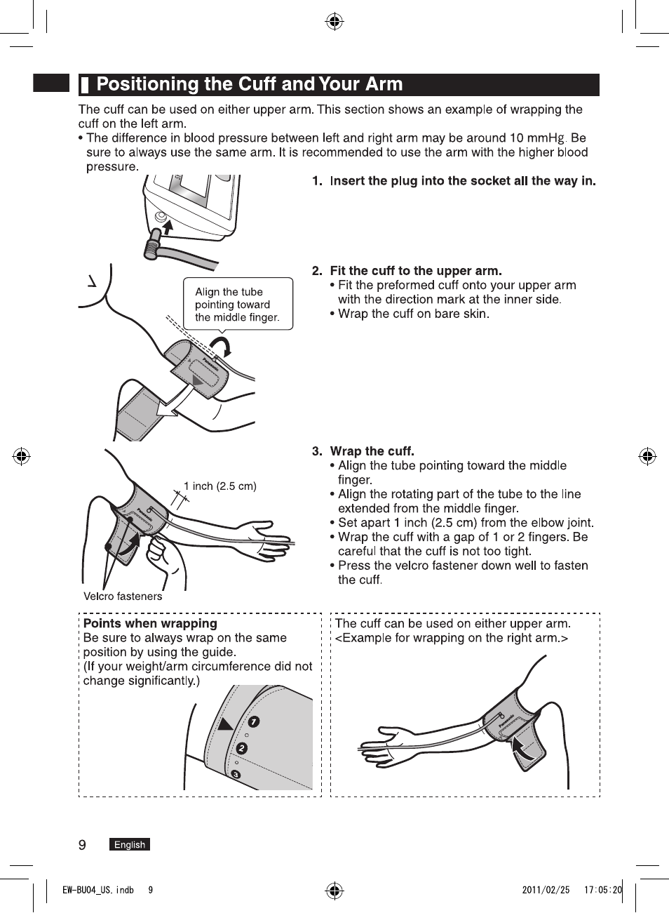 Insert the plug into the socket all the way in, Fit the cuff to the upper arm, Wrap the cuff | Points when wrapping, I positioning the cuff and your arm | Panasonic EW-BU04W User Manual | Page 10 / 23