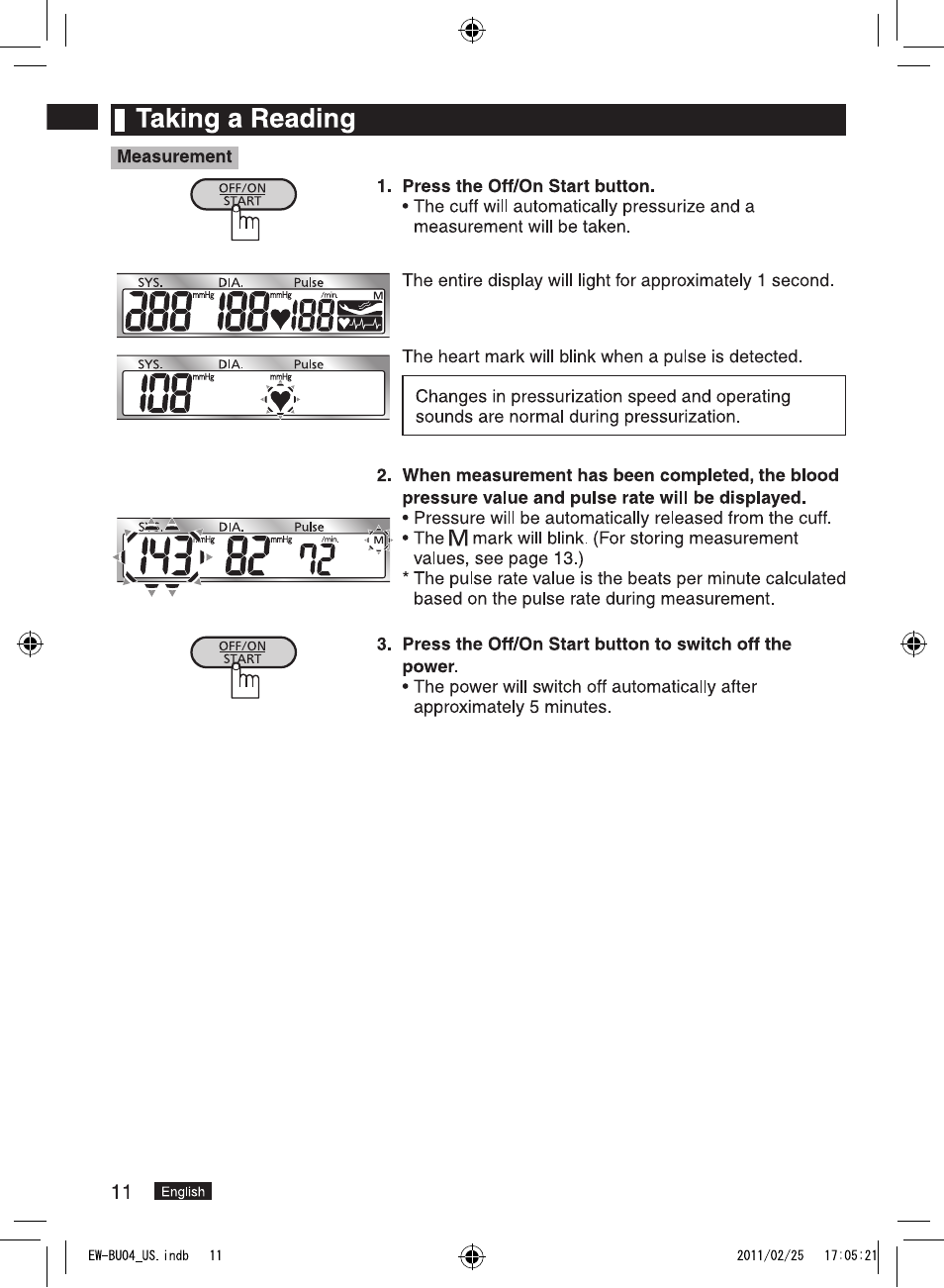 Measurement i, Press the off/on start button, 38ri88yibffs | I taking a reading | Panasonic EW-BU04W User Manual | Page 12 / 23