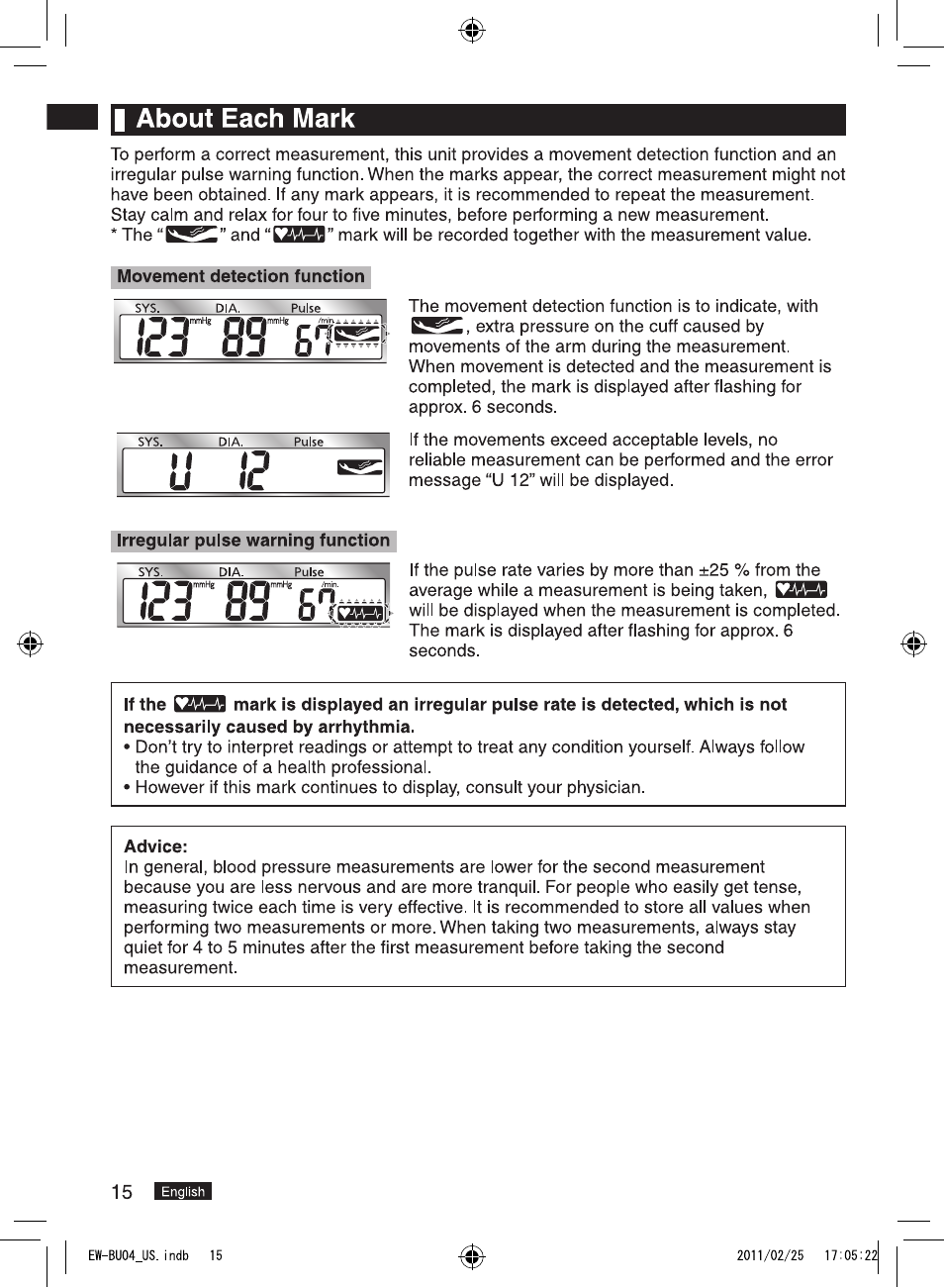 Movement detection function, Irreguiar puise warning function, Advice | I about each mark, Gj* 89 ” fill | Panasonic EW-BU04W User Manual | Page 16 / 23