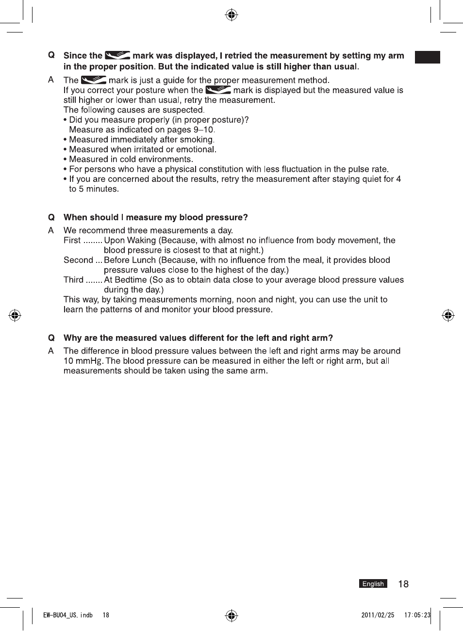 Q when should i measure my blood pressure | Panasonic EW-BU04W User Manual | Page 19 / 23