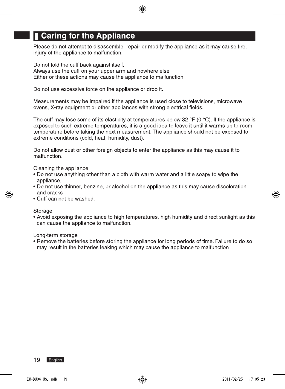 I caring for the appliance | Panasonic EW-BU04W User Manual | Page 20 / 23