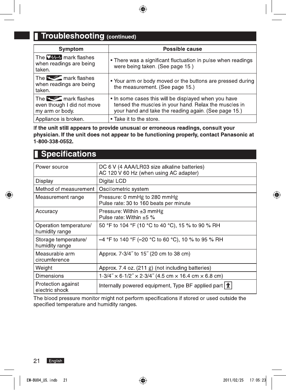 I troubleshooting (continued), I specifications, I troubleshooting | Panasonic EW-BU04W User Manual | Page 22 / 23