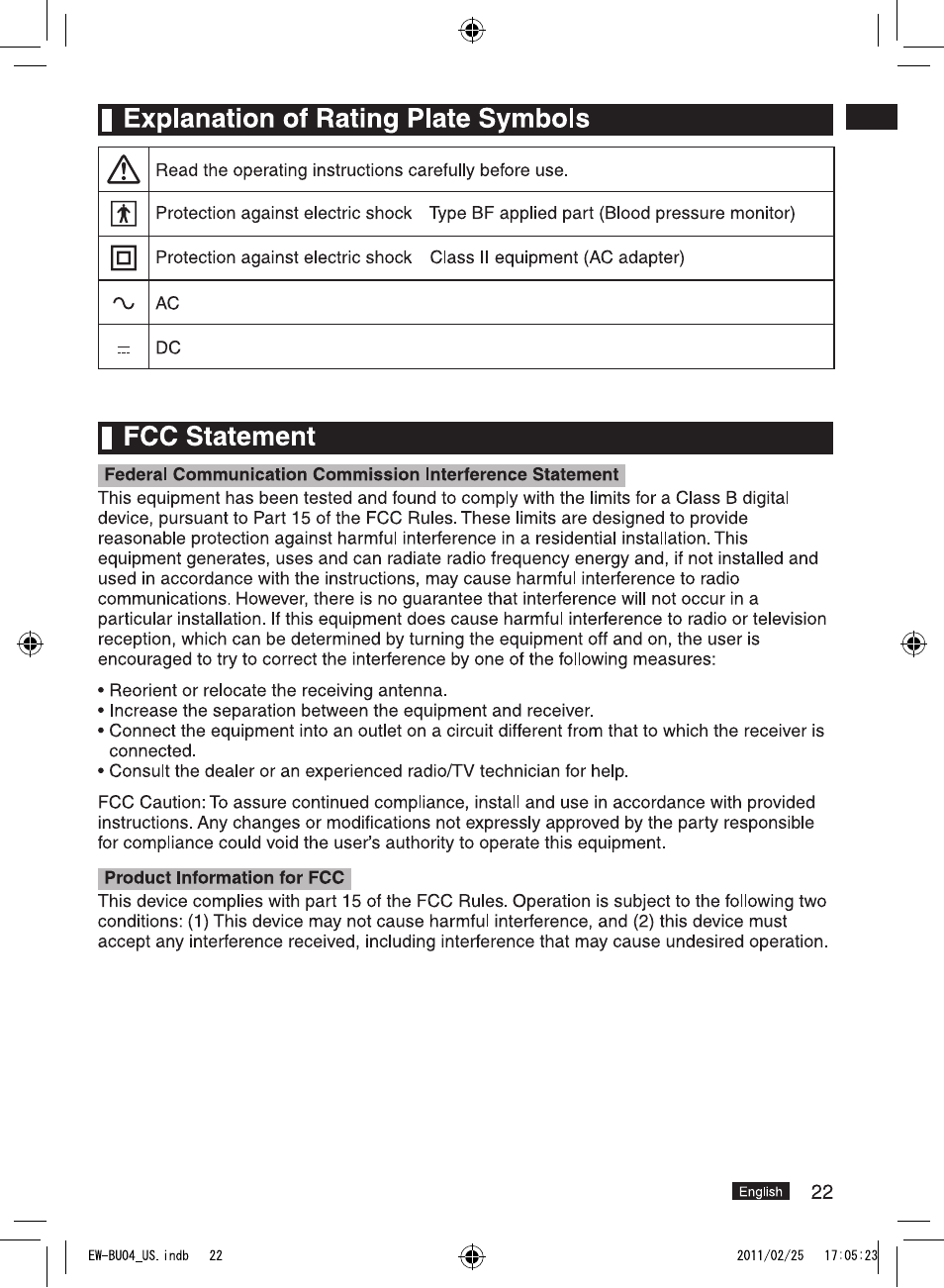 I explanation of rating plate symbols, I fcc statement | Panasonic EW-BU04W User Manual | Page 23 / 23