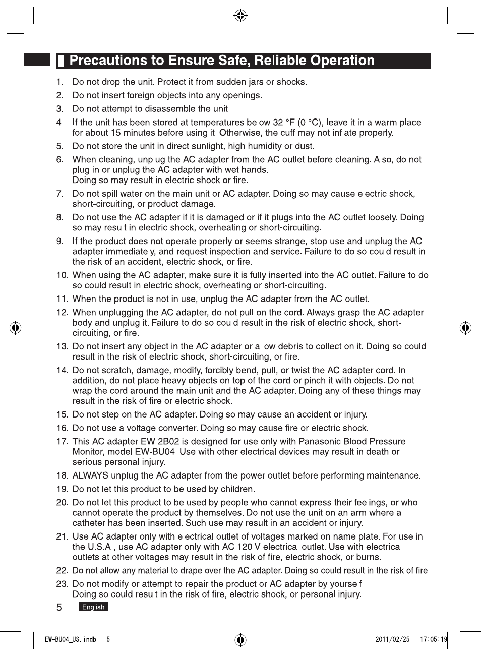 I precautions to ensure safe, reliable operation | Panasonic EW-BU04W User Manual | Page 6 / 23