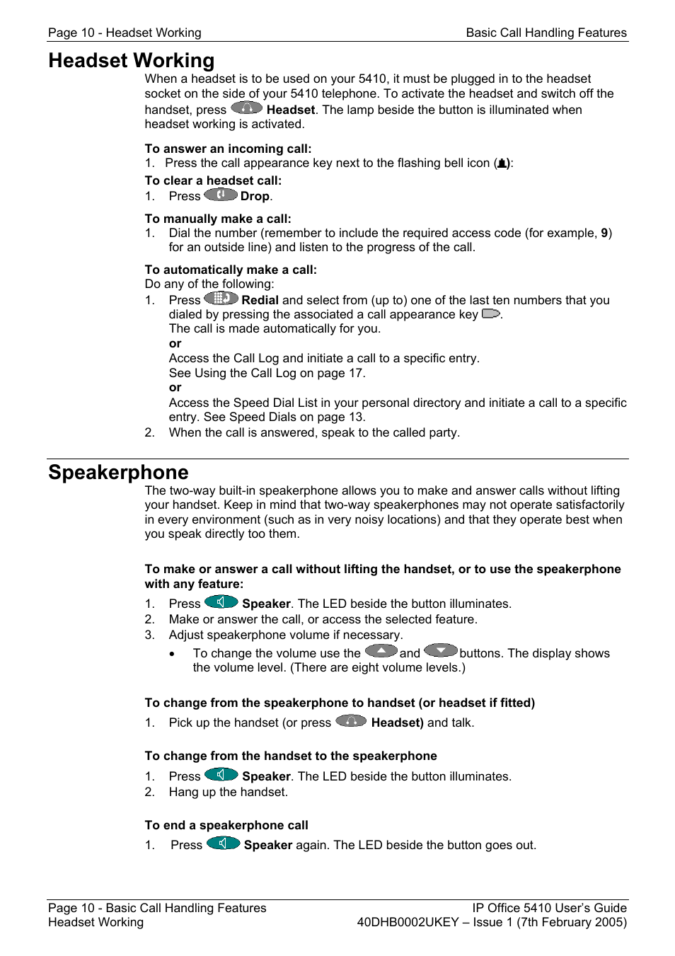 Headset working, Speakerphone | Avaya OFFICE 5410 User Manual | Page 10 / 59