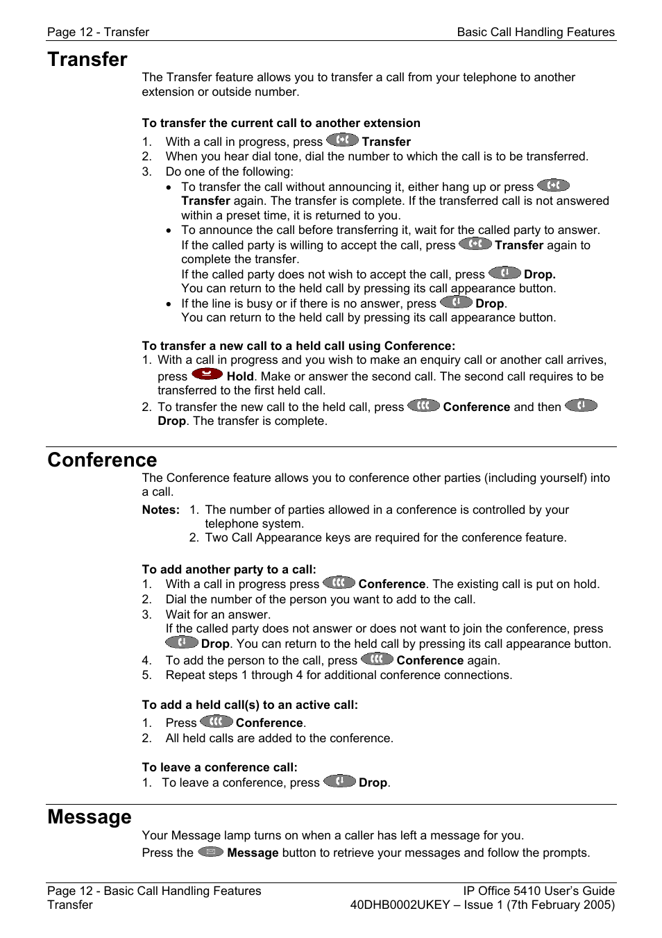 Transfer, Conference, Message | Avaya OFFICE 5410 User Manual | Page 12 / 59