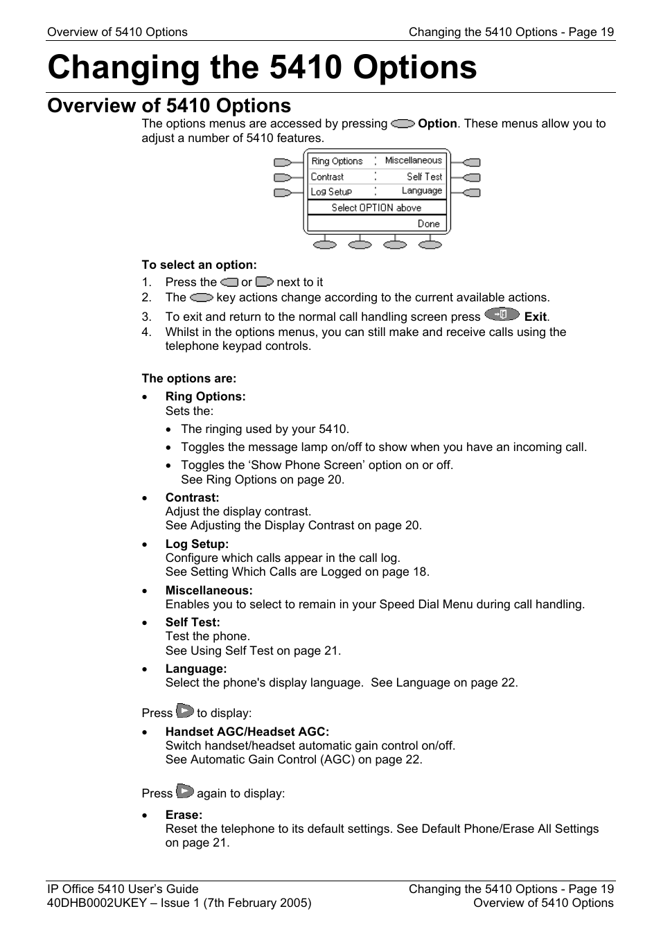 Changing the 5410 options, Overview of 5410 options | Avaya OFFICE 5410 User Manual | Page 19 / 59