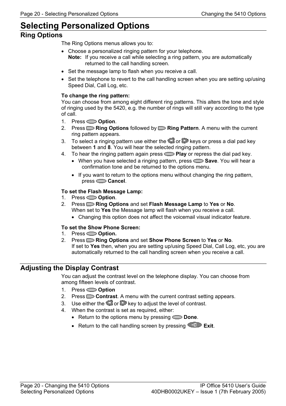 Selecting personalized options, Ring options, Adjusting the display contrast | Ring options adjusting the display contrast | Avaya OFFICE 5410 User Manual | Page 20 / 59