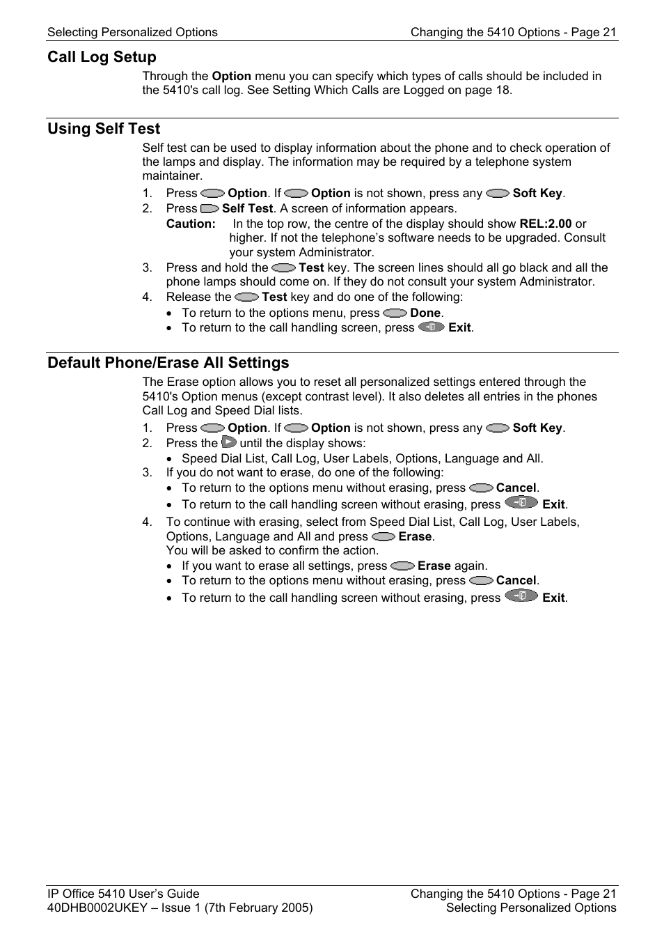 Call log setup, Using self test, Default phone/erase all settings | Avaya OFFICE 5410 User Manual | Page 21 / 59