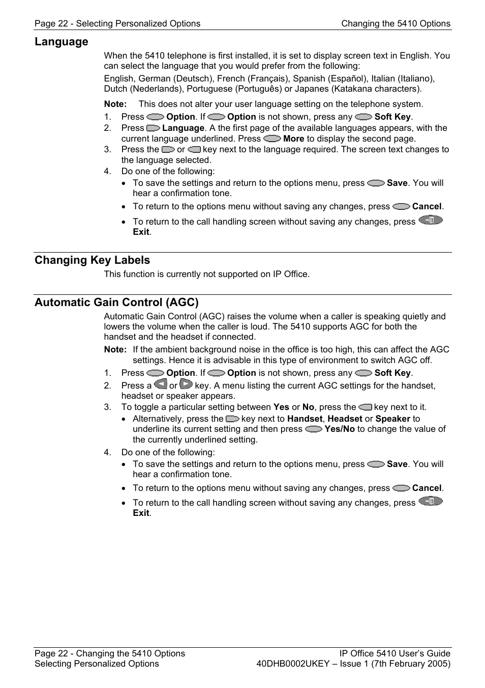 Language, Changing key labels, Automatic gain control (agc) | Avaya OFFICE 5410 User Manual | Page 22 / 59