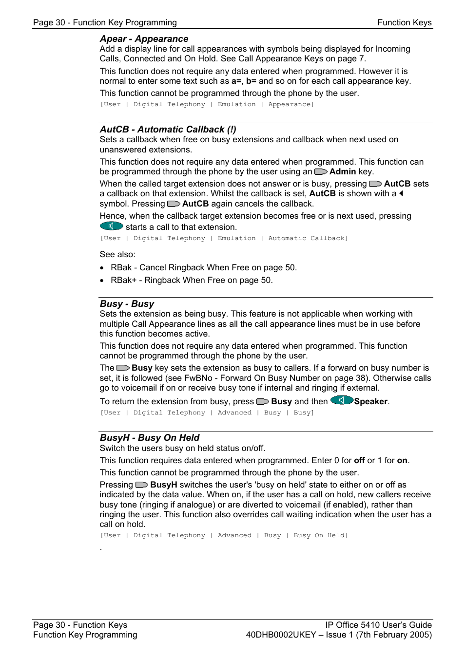 Apear - appearance, Autcb - automatic callback (!), Busy - busy | Busyh - busy on held, Absnt - set absent text, Acct - account code entry (!), Ad - abbreviated dial (!), Admin - self-administer (!) | Avaya OFFICE 5410 User Manual | Page 30 / 59