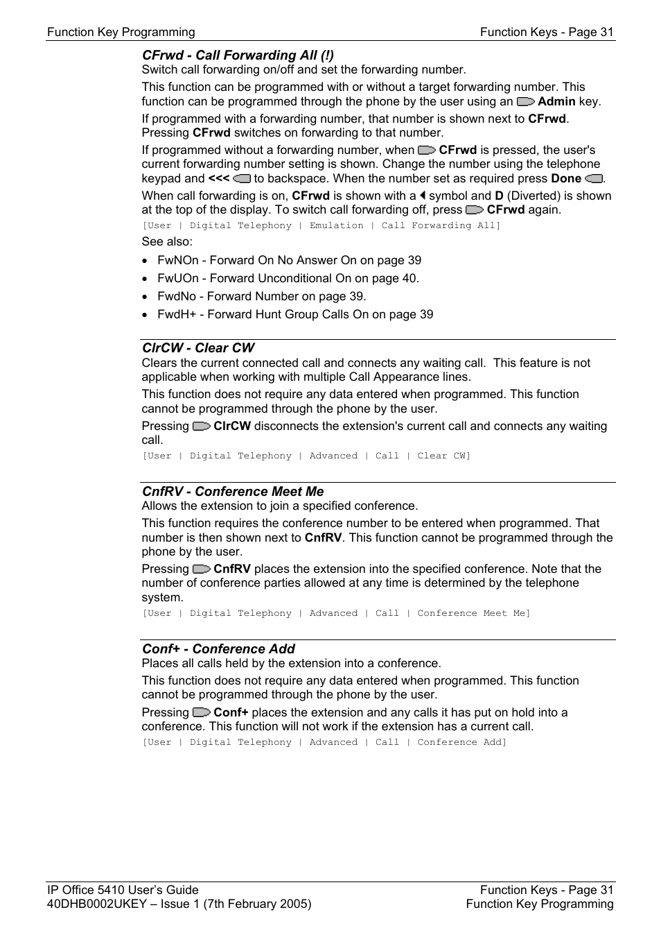 Cfrwd - call forwarding all (!), Clrcw - clear cw, Cnfrv - conference meet me | Conf+ - conference add, Apear - appearance, Autcb - automatic callback (!), Busy - busy, Busyh - busy on held | Avaya OFFICE 5410 User Manual | Page 31 / 59