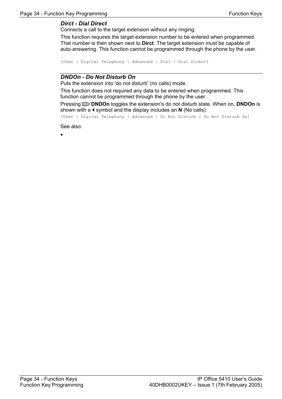 Dirct - dial direct, Dndon - do not disturb on, Cwon - call waiting on | Cwsus - call waiting suspend, Dcw - dial cw, Dir - directory (!) | Avaya OFFICE 5410 User Manual | Page 34 / 59