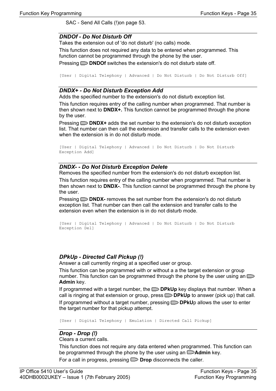 Dndof - do not disturb off, Dndx+ - do not disturb exception add, Dndx- - do not disturb exception delete | Dpkup - directed call pickup (!), Drop - drop (!), Dirct - dial direct, Dndon - do not disturb on | Avaya OFFICE 5410 User Manual | Page 35 / 59