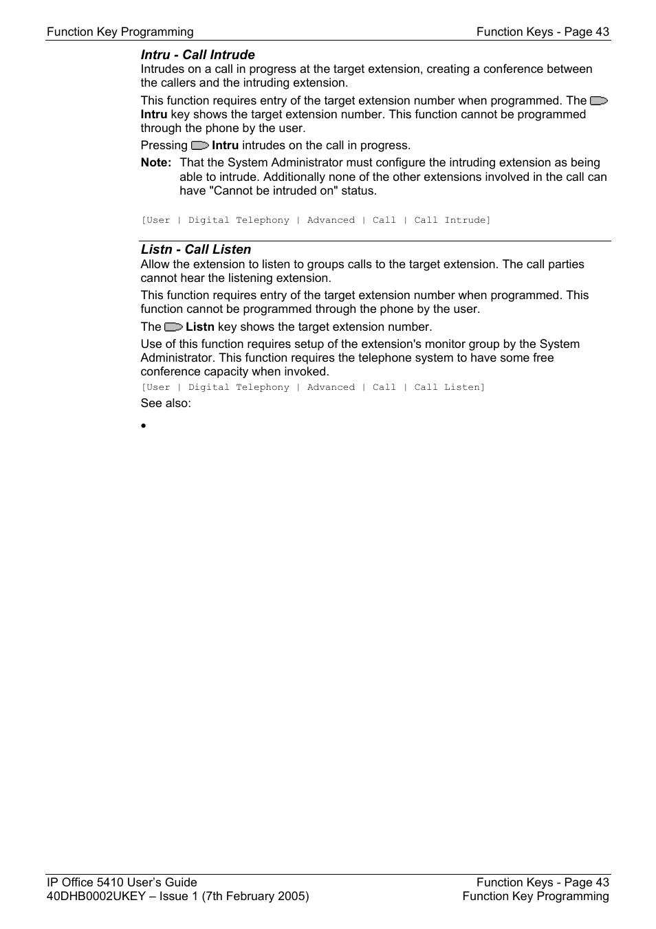 Intru - call intrude, Listn - call listen, Hgos- - clear hunt group out of service | Hold - hold call, Holdcw - hold call waiting, Iauto - automatic intercom | Avaya OFFICE 5410 User Manual | Page 43 / 59