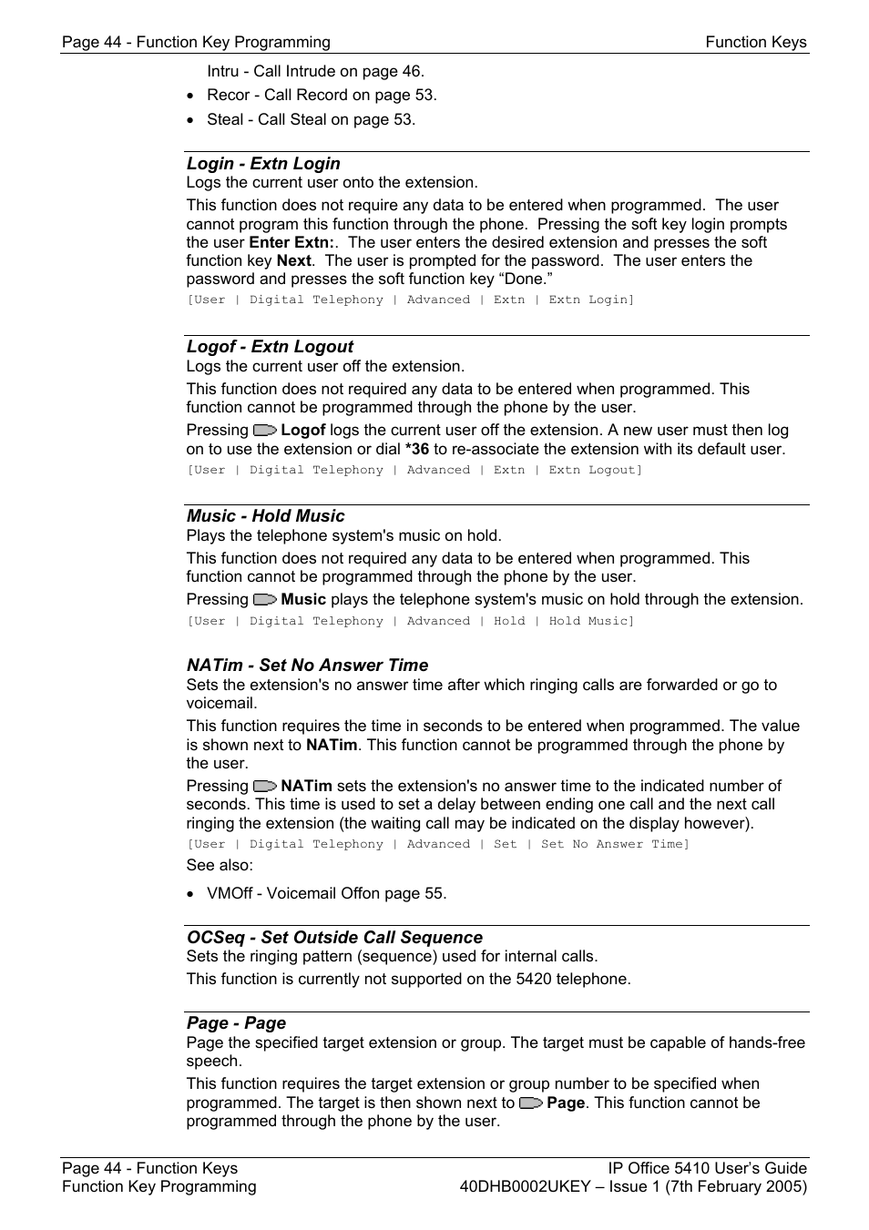 Login - extn login, Logof - extn logout, Music - hold music | Natim - set no answer time, Ocseq - set outside call sequence, Icseq - set inside call sequence, Idial - dial intercom, Inclu - dial inclusion | Avaya OFFICE 5410 User Manual | Page 44 / 59