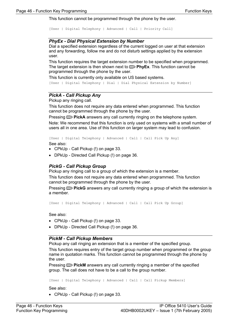 Phyex - dial physical extension by number, Picka - call pickup any, Pickg - call pickup group | Pickm - call pickup members, Login - extn login, Logof - extn logout, Music - hold music, Natim - set no answer time, Ocseq - set outside call sequence | Avaya OFFICE 5410 User Manual | Page 46 / 59