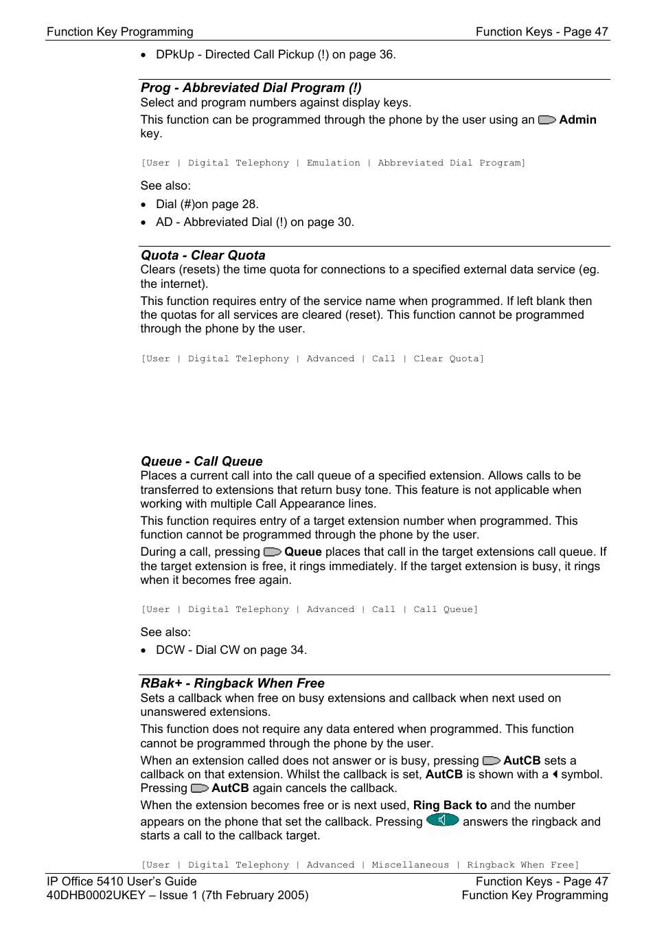 Prog - abbreviated dial program (!), Quota - clear quota, Queue - call queue | Rbak+ - ringback when free, Park - park (#), Park - call park to other extension (!), Facility | Avaya OFFICE 5410 User Manual | Page 47 / 59