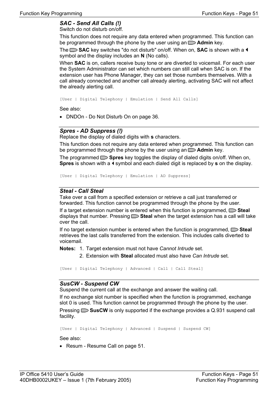 Sac - send all calls (!), Spres - ad suppress (!), Steal - call steal | Suscw - suspend cw, Relay - relay pulse, Rely+ - relay on, Rely- - relay off, Resum - resume call | Avaya OFFICE 5410 User Manual | Page 51 / 59