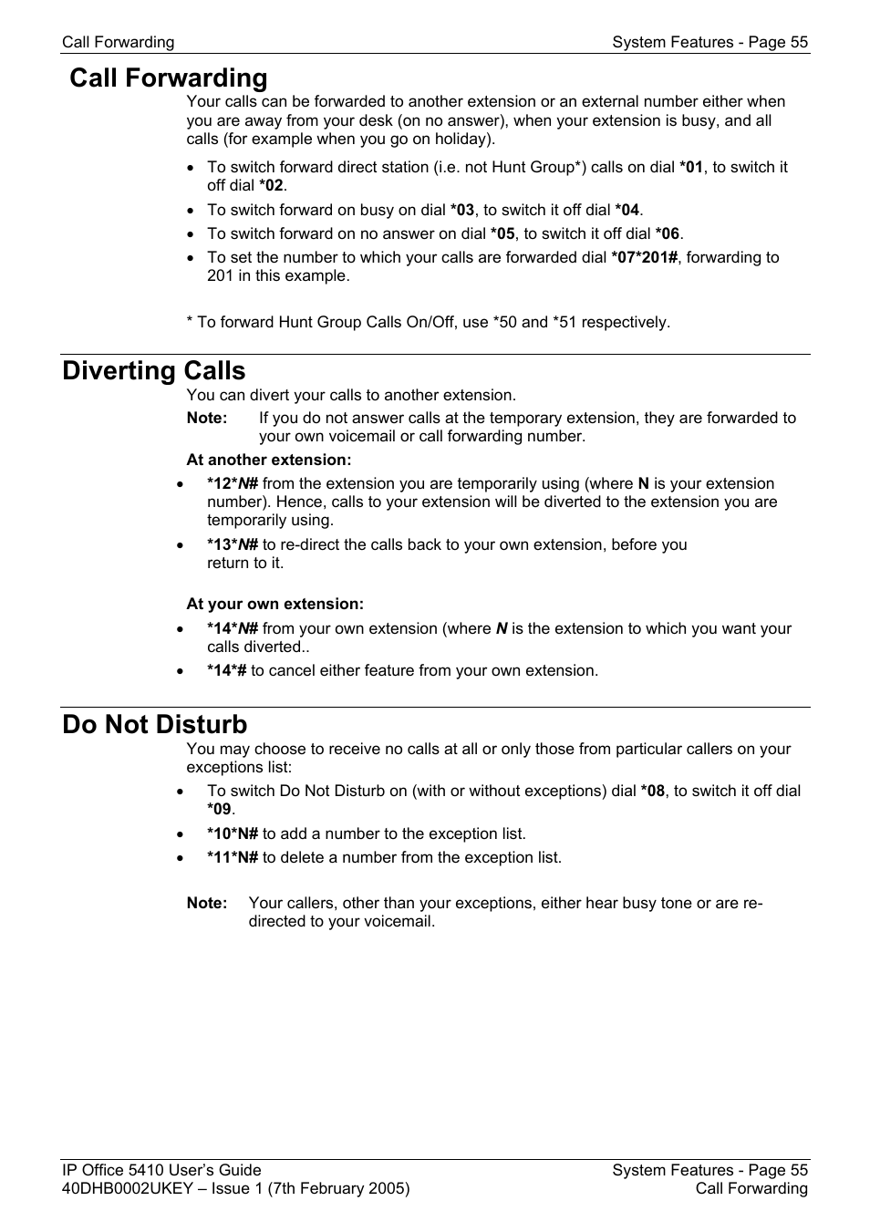 Call forwarding, Diverting calls, Do not disturb | Vmrb+ - voicemail ringback on, Vmcol - voicemail collect, Vmoff - voicemail off, Vmon - voicemail on, Wutim - set wrap up time, Pickm - call pickup m, Mbers | Avaya OFFICE 5410 User Manual | Page 55 / 59