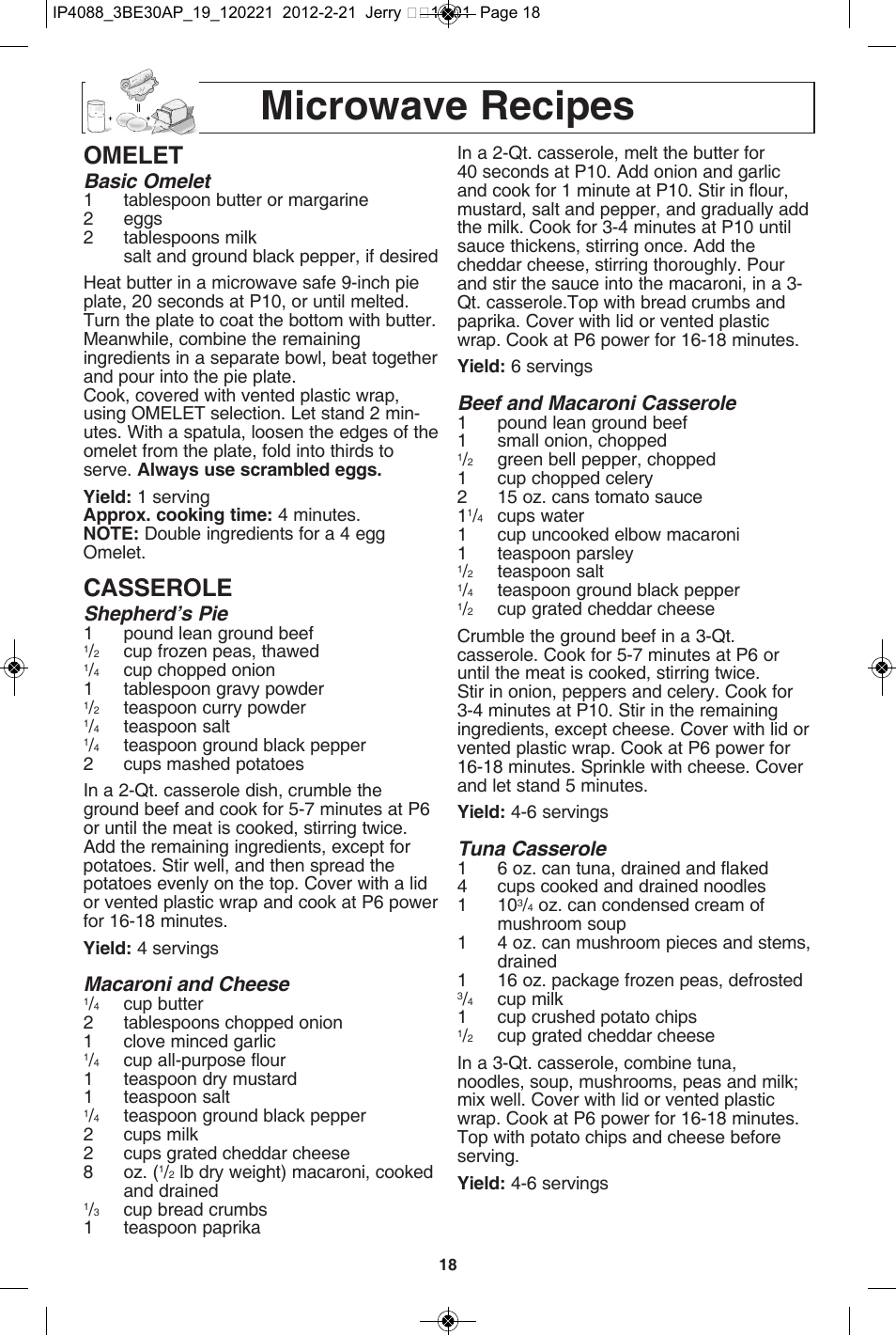 Microwave recipes, Omelet, Casserole | Basic omelet, Shepherd’s pie, Macaroni and cheese, Beef and macaroni casserole, Tuna casserole | Panasonic NN-SD962S User Manual | Page 20 / 60