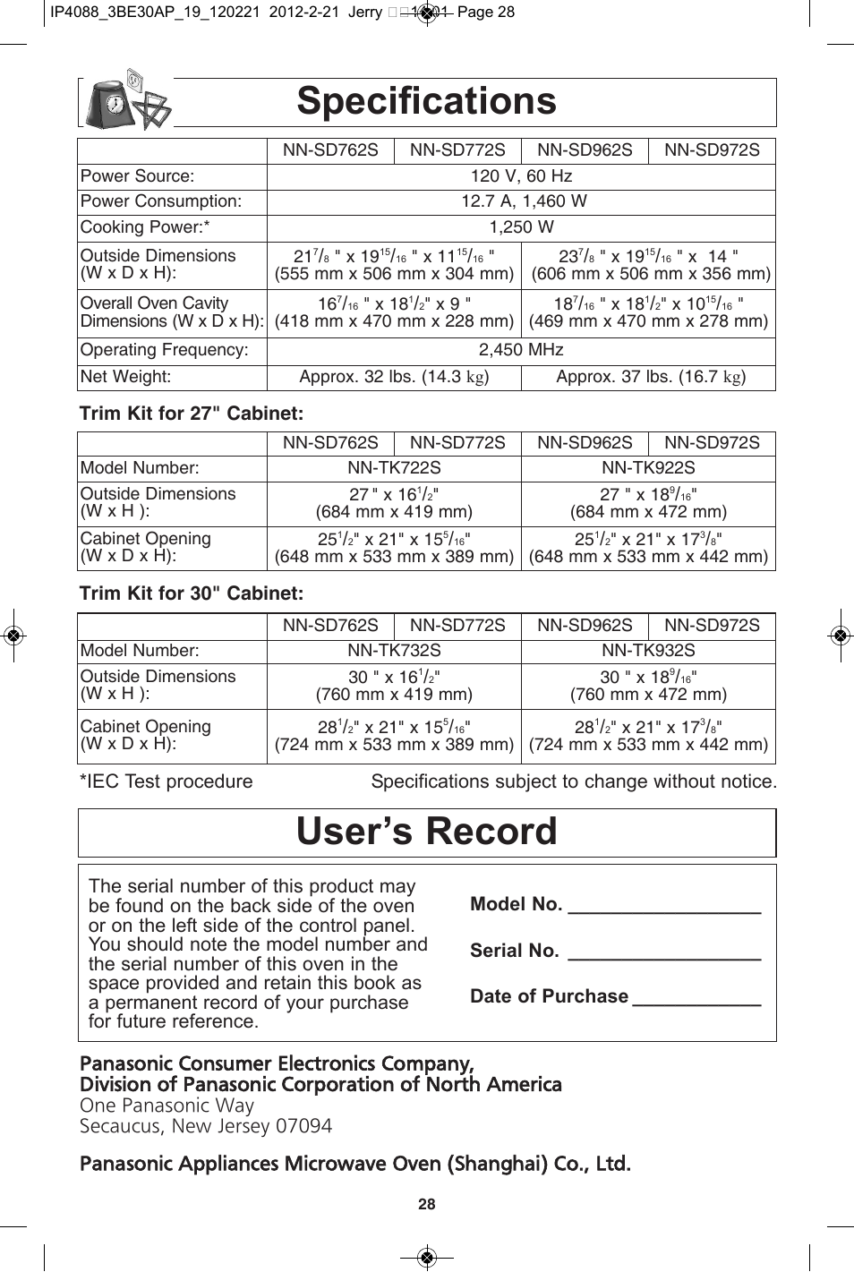 Specifications, User’s record, Trim kit for 27" cabinet: trim kit for 30" cabinet | Panasonic NN-SD962S User Manual | Page 30 / 60