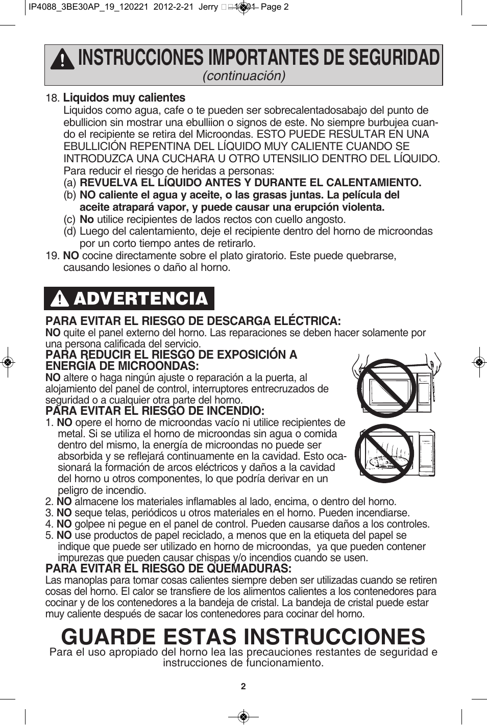 Instrucciones importantes de seguridad, Guarde estas instrucciones, Advertencia | Panasonic NN-SD962S User Manual | Page 34 / 60