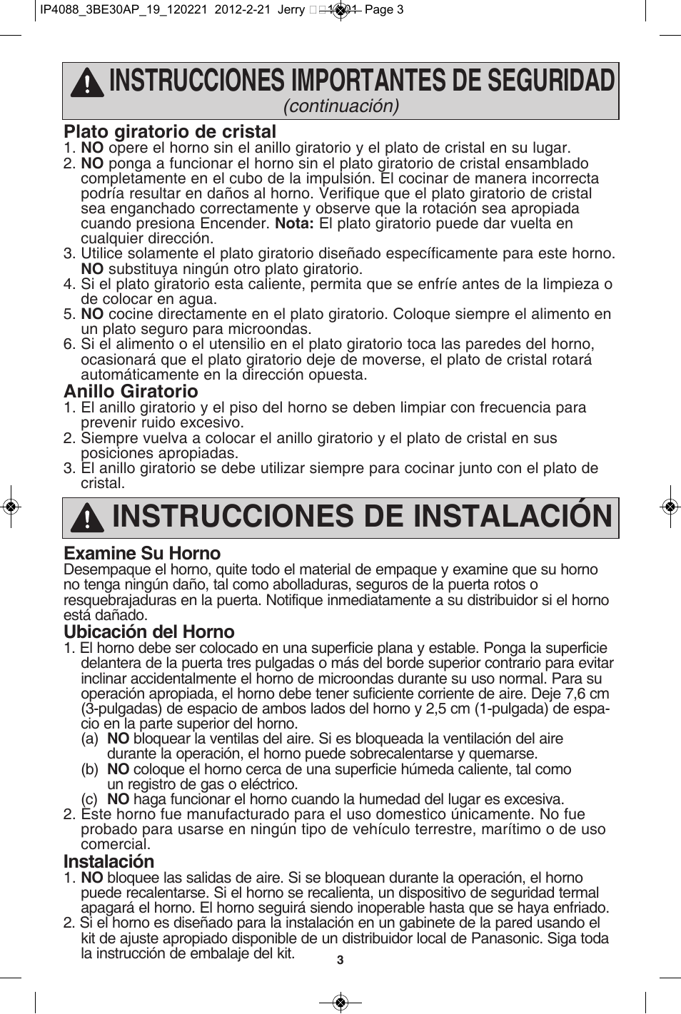 Instrucciones importantes de seguridad, Instrucciones de instalación | Panasonic NN-SD962S User Manual | Page 35 / 60