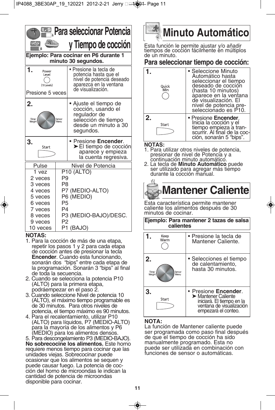 Para seleccionar potencia y tiempo de cocción, Minuto automático, Mantener caliente | Para seleccionar tiempo de cocción | Panasonic NN-SD962S User Manual | Page 43 / 60