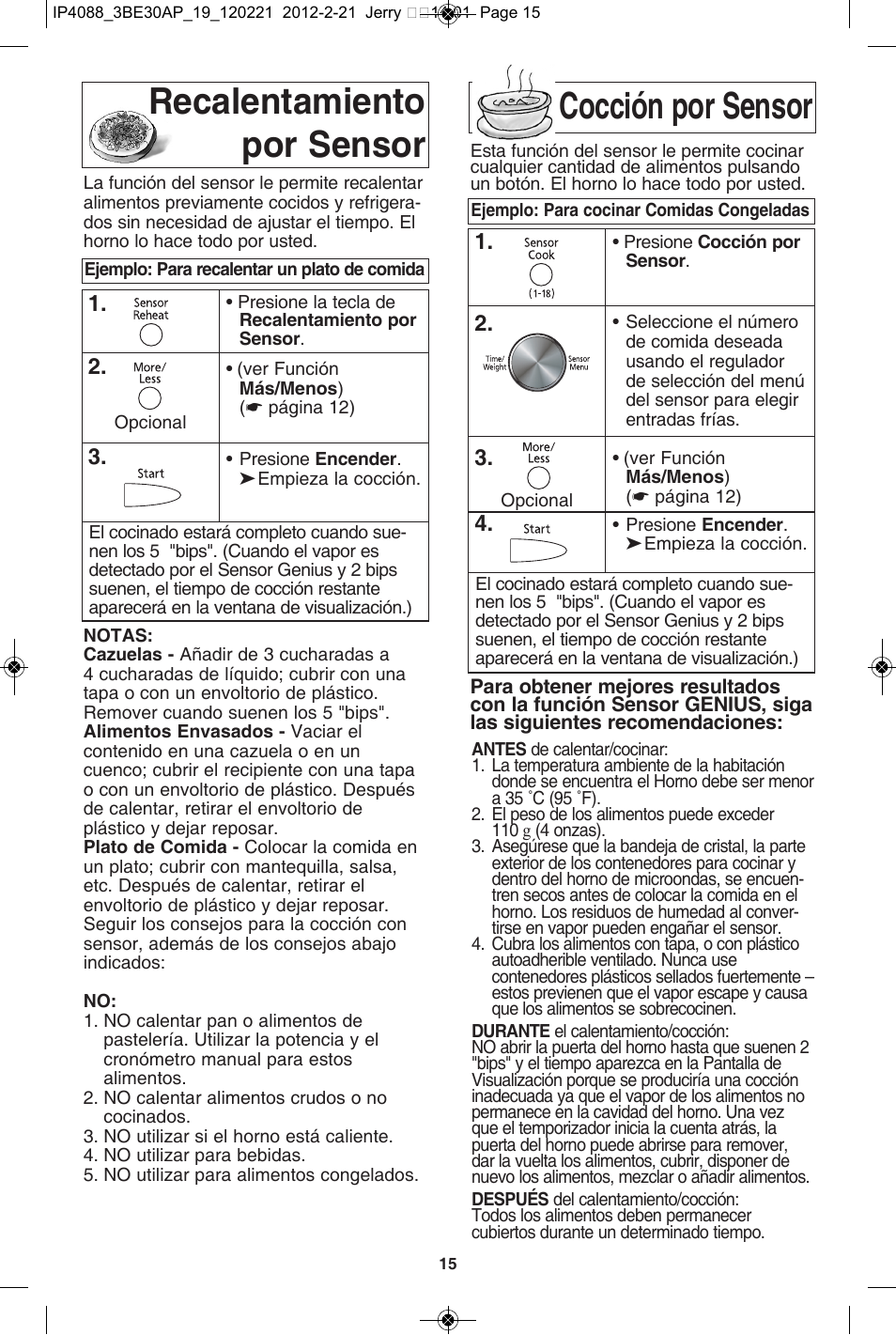 Recalentamiento por sensor cocción por sensor | Panasonic NN-SD962S User Manual | Page 47 / 60