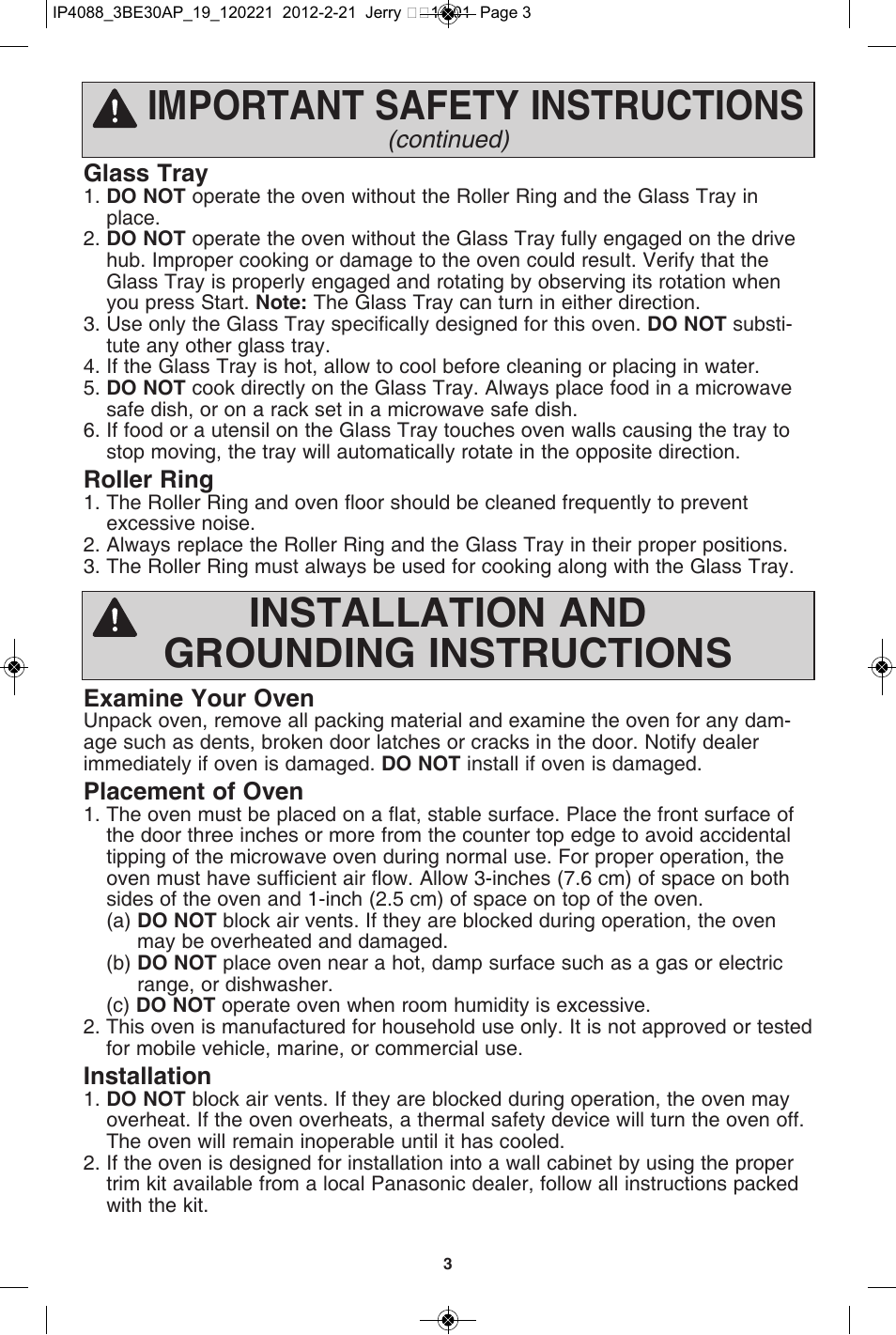 Important safety instructions, Installation and grounding instructions | Panasonic NN-SD962S User Manual | Page 5 / 60