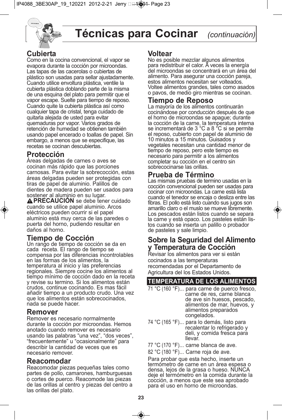 Técnicas para cocinar, Continuación) cubierta, Protección | Tiempo de cocción, Remover, Reacomodar, Voltear, Tiempo de reposo, Prueba de término | Panasonic NN-SD962S User Manual | Page 55 / 60