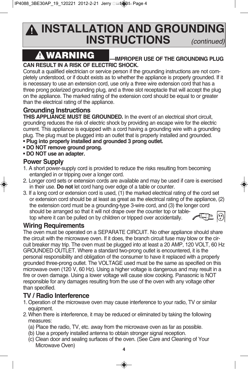 Installation and grounding instructions, Warning | Panasonic NN-SD962S User Manual | Page 6 / 60