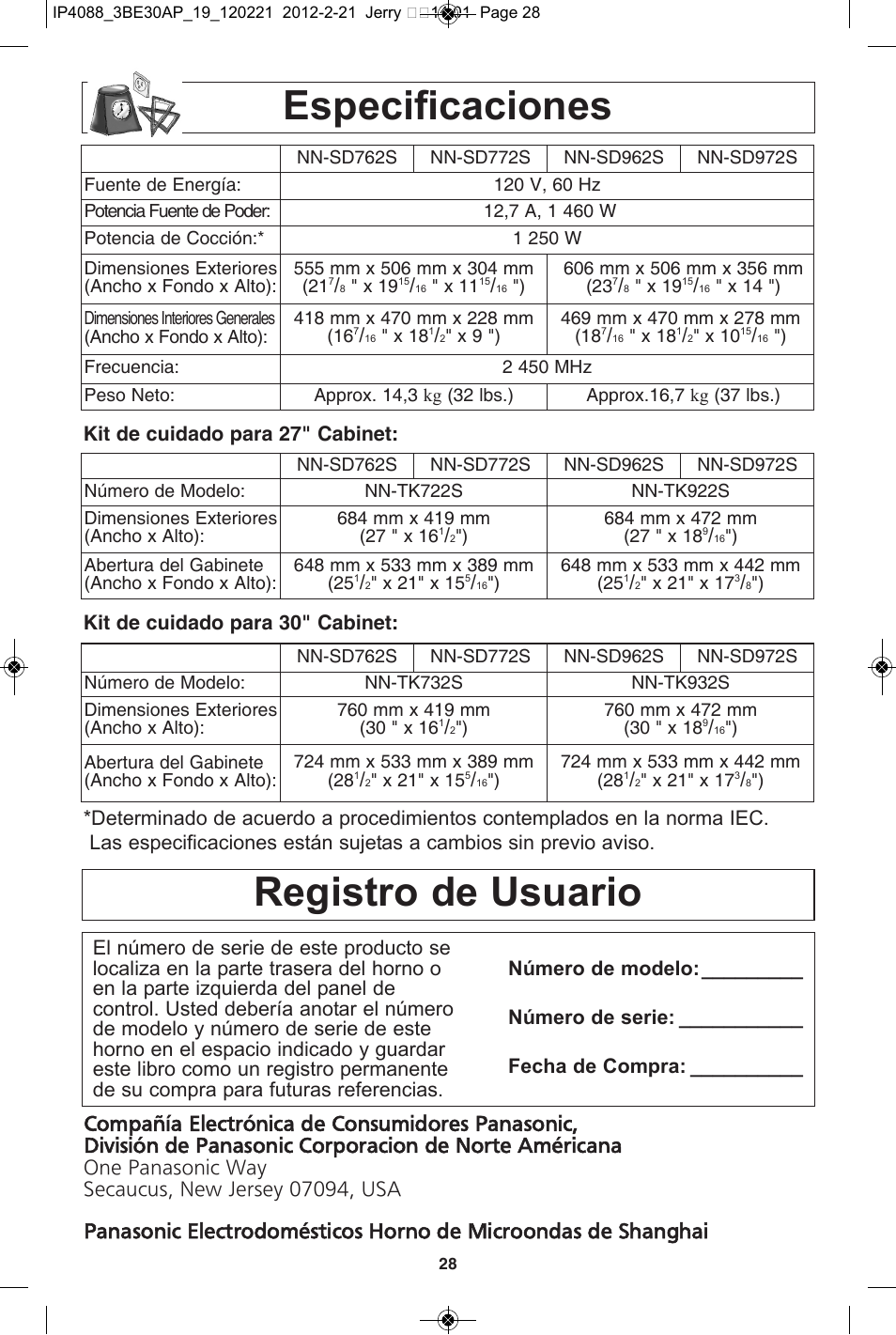 Especificaciones, Registro de usuario | Panasonic NN-SD962S User Manual | Page 60 / 60