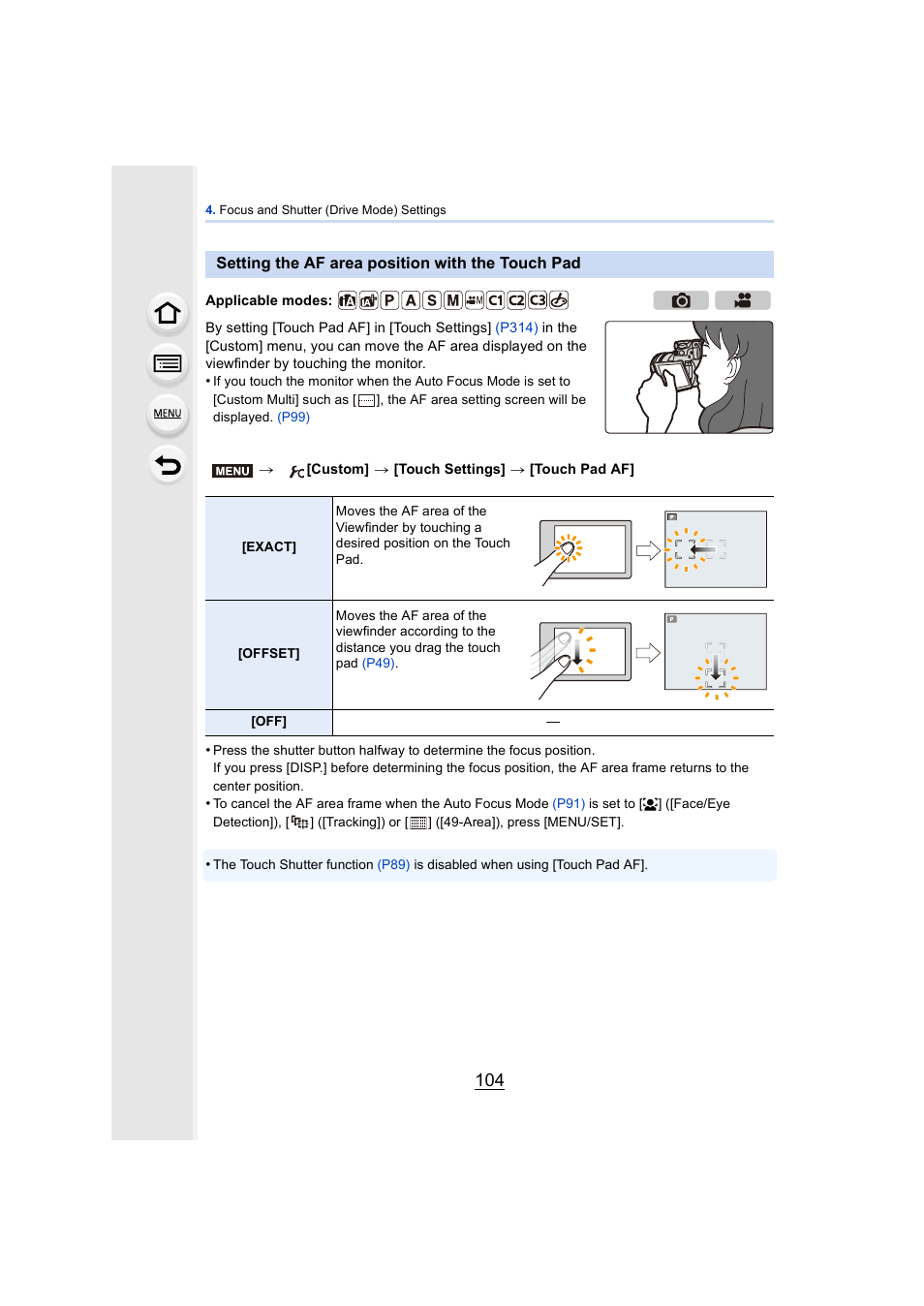 Setting the af area position with the touch pad | Panasonic DMC-GH4KBODY User Manual | Page 104 / 420