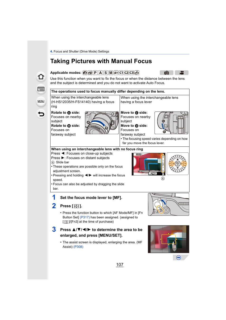 Taking pictures with manual focus, P107, P107) | Panasonic DMC-GH4KBODY User Manual | Page 107 / 420