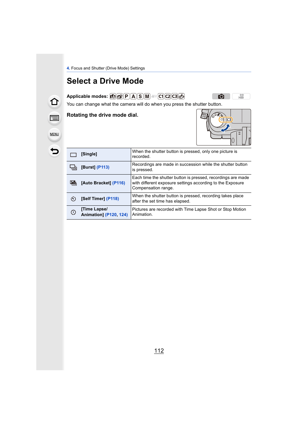 Select a drive mode, P112, P112) | Panasonic DMC-GH4KBODY User Manual | Page 112 / 420