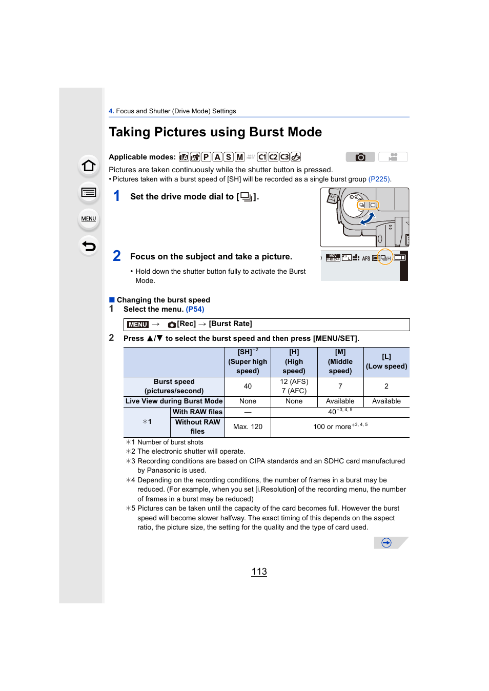 Taking pictures using burst mode, P113) | Panasonic DMC-GH4KBODY User Manual | Page 113 / 420