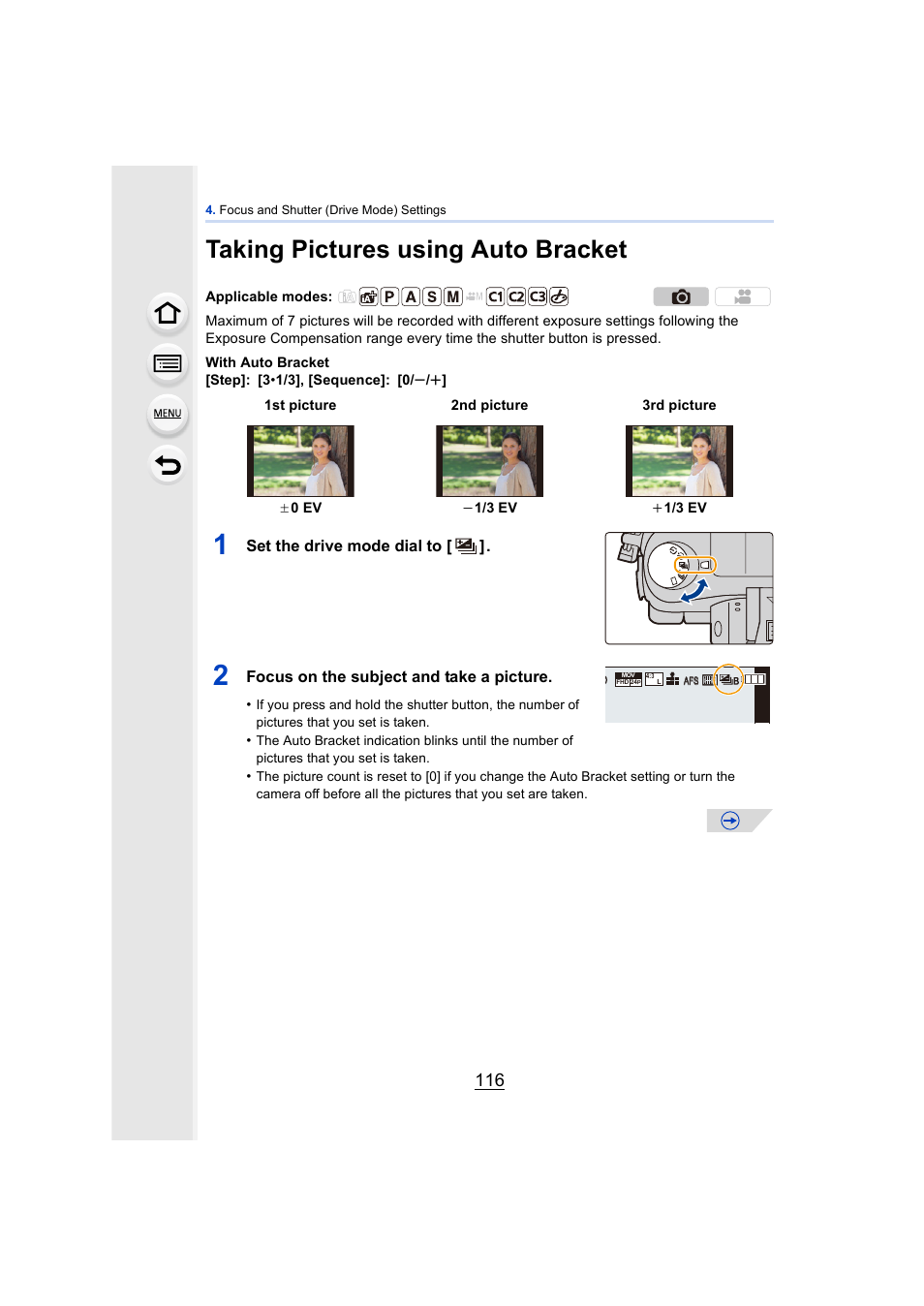Taking pictures using auto bracket, P116, P116) | Panasonic DMC-GH4KBODY User Manual | Page 116 / 420