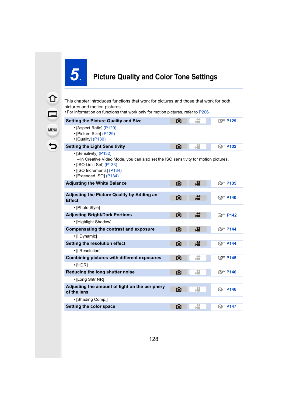 Picture quality and color tone settings | Panasonic DMC-GH4KBODY User Manual | Page 128 / 420