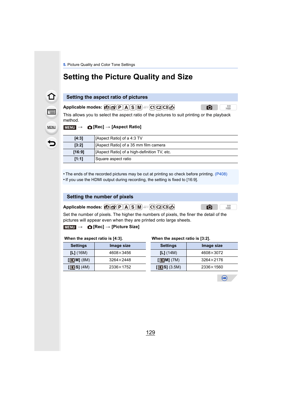 Setting the picture quality and size, Setting the aspect ratio of pictures, Setting the number of pixels | P129, P129) | Panasonic DMC-GH4KBODY User Manual | Page 129 / 420