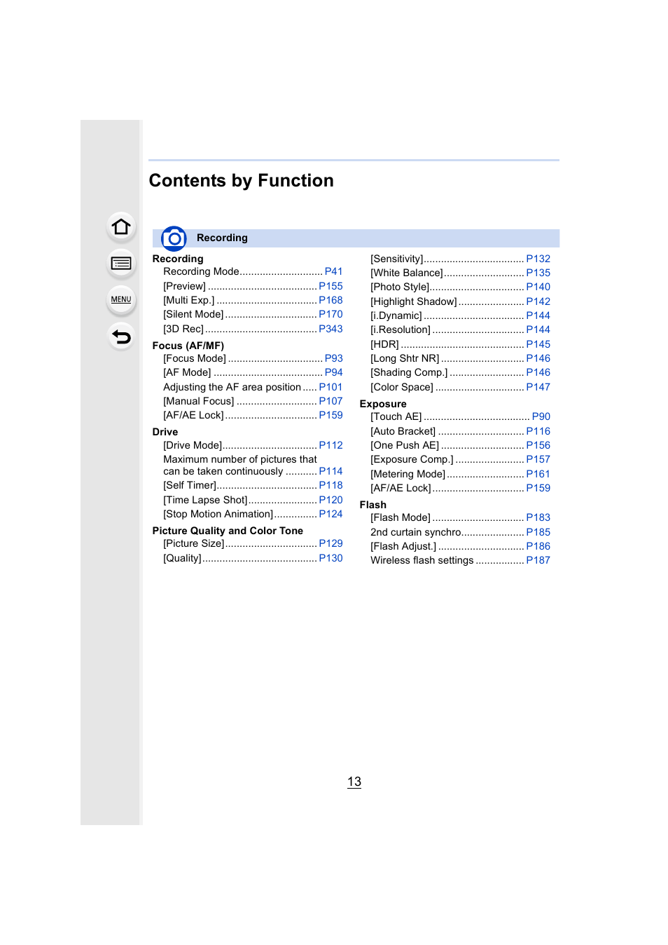 Contents by function | Panasonic DMC-GH4KBODY User Manual | Page 13 / 420